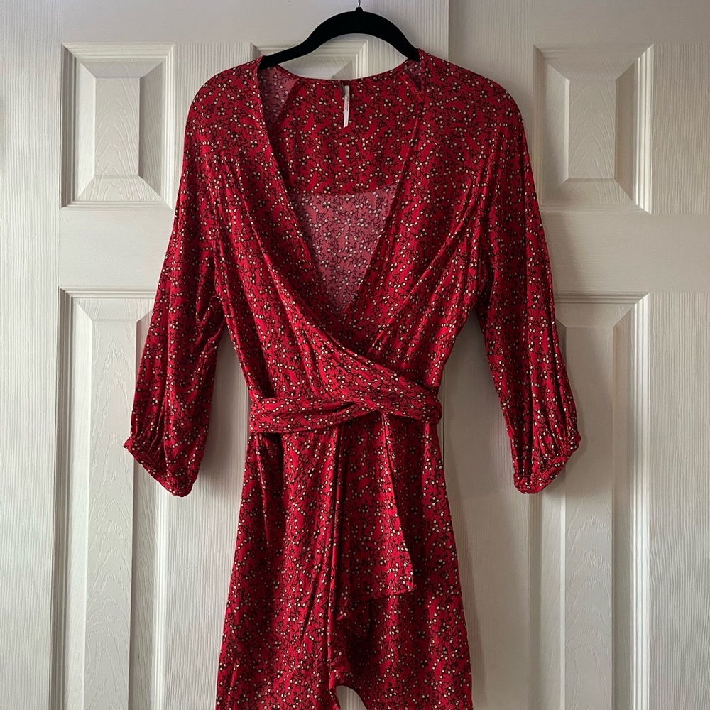 Free People Red Mini Wrap Dress with V-Neck and Belt
